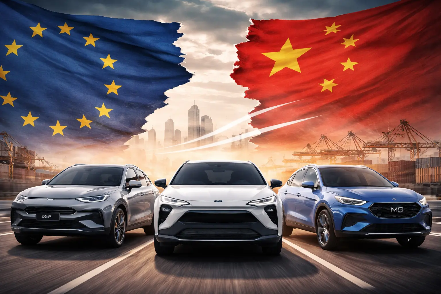 AI generált fotó a kínai és európai autógyártók versenyéről.